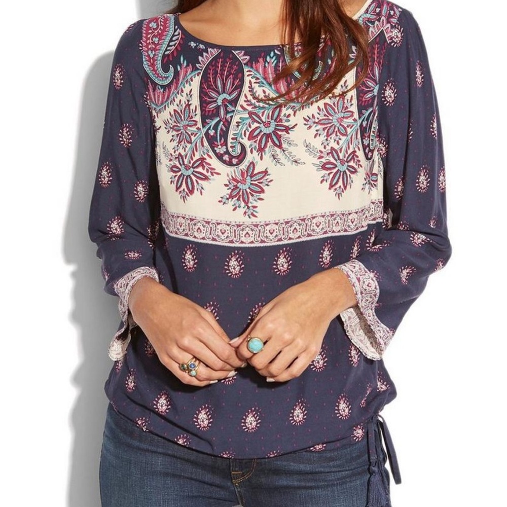 Lucky Brand Top Small Larache Border Print Navy Cream Purple Paisley Boho